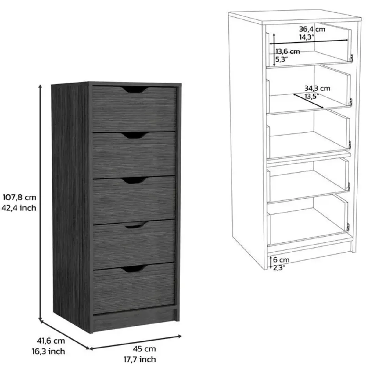 5 Drawers Narrow Dresser, Slim Storage Chest of Drawers, Smokey Oak -Bedroom