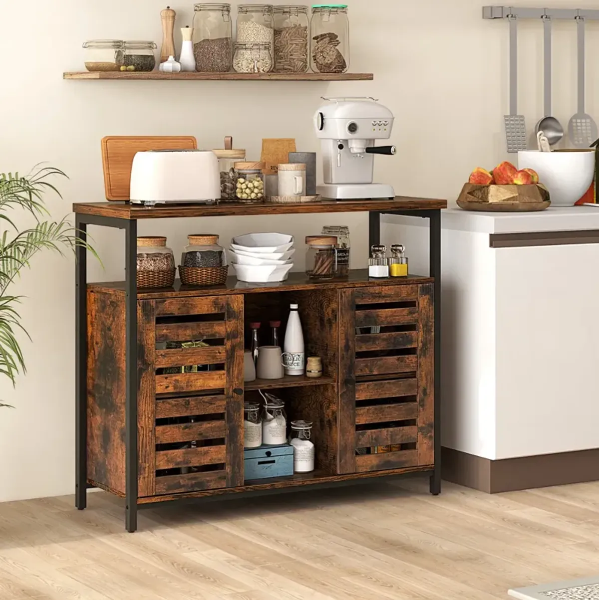 Buffet Cabinet Industrial Sideboard Storage Cabinet with Push-to-Open Slatted Door and 3 Adjustable Shelves-Rustic Brown