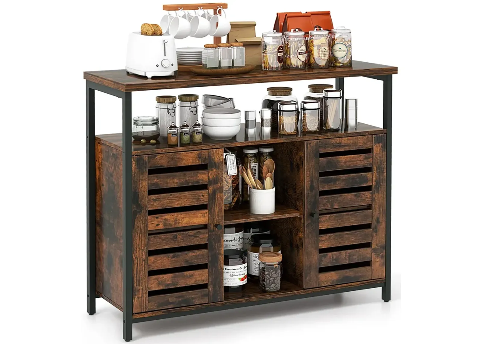 Buffet Cabinet Industrial Sideboard Storage Cabinet with Push-to-Open Slatted Door and 3 Adjustable Shelves-Rustic Brown