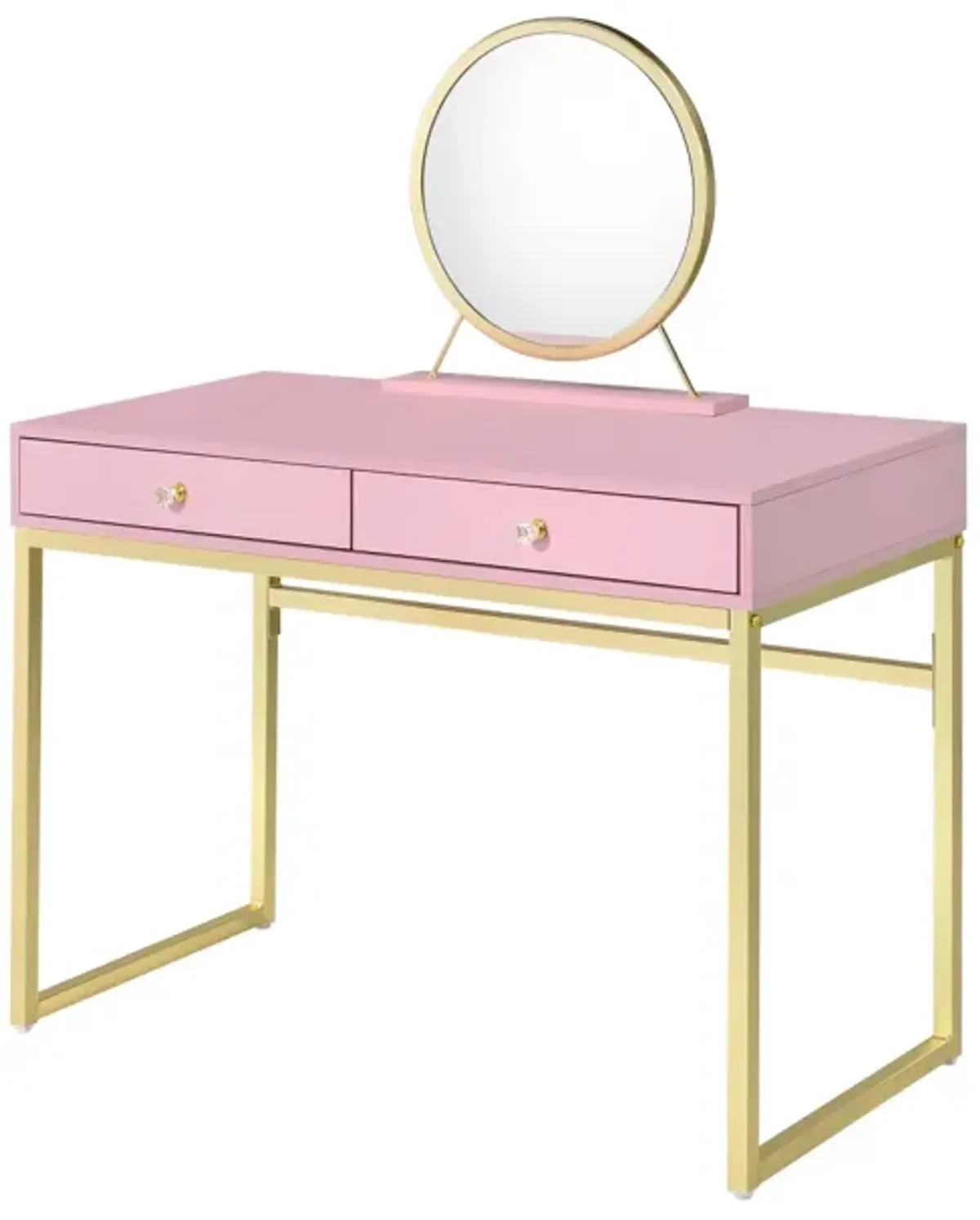 Coleen Vanity Desk with Mirror & Jewelry Tray In Pink & Gold Finish