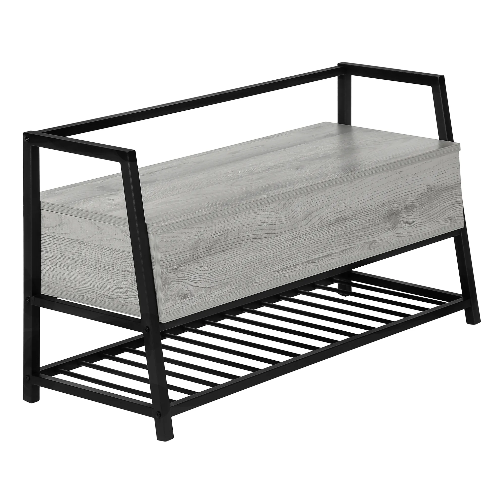 Monarch Specialties I 4500 Bench, Entryway, Hallway, Storage, 42" Rectangular, Metal, Laminate, Grey, Black, Contemporary, Modern