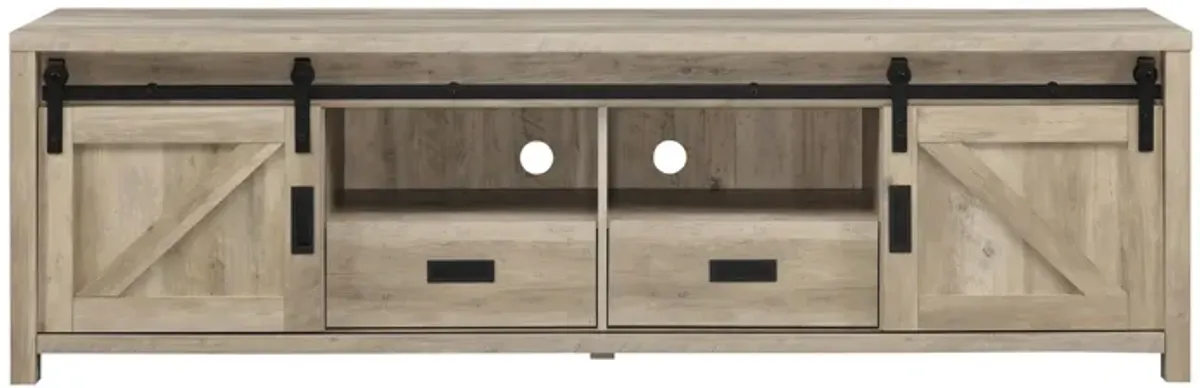 Sem 79 Inch TV Media Entertainment Console, Sliding Doors, 2 Drawers, Brown-Benzara