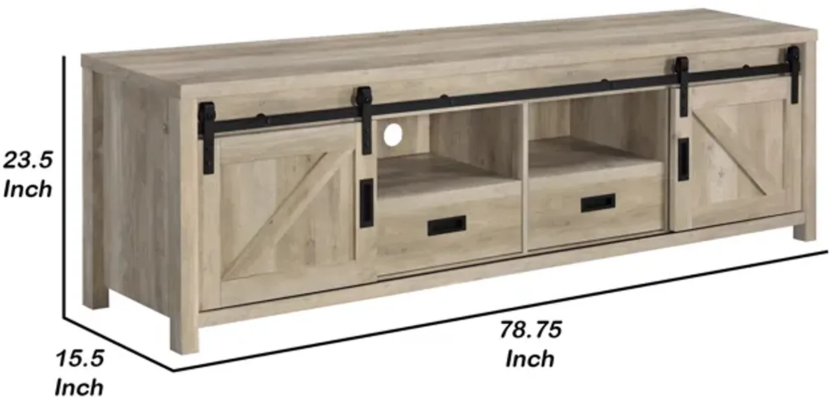 Sem 79 Inch TV Media Entertainment Console, Sliding Doors, 2 Drawers, Brown-Benzara