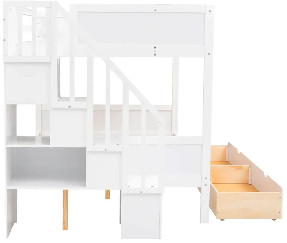 Twin Over Full Bunk Bed With Shelfs, Storage Staircase And 2 Drawers, White