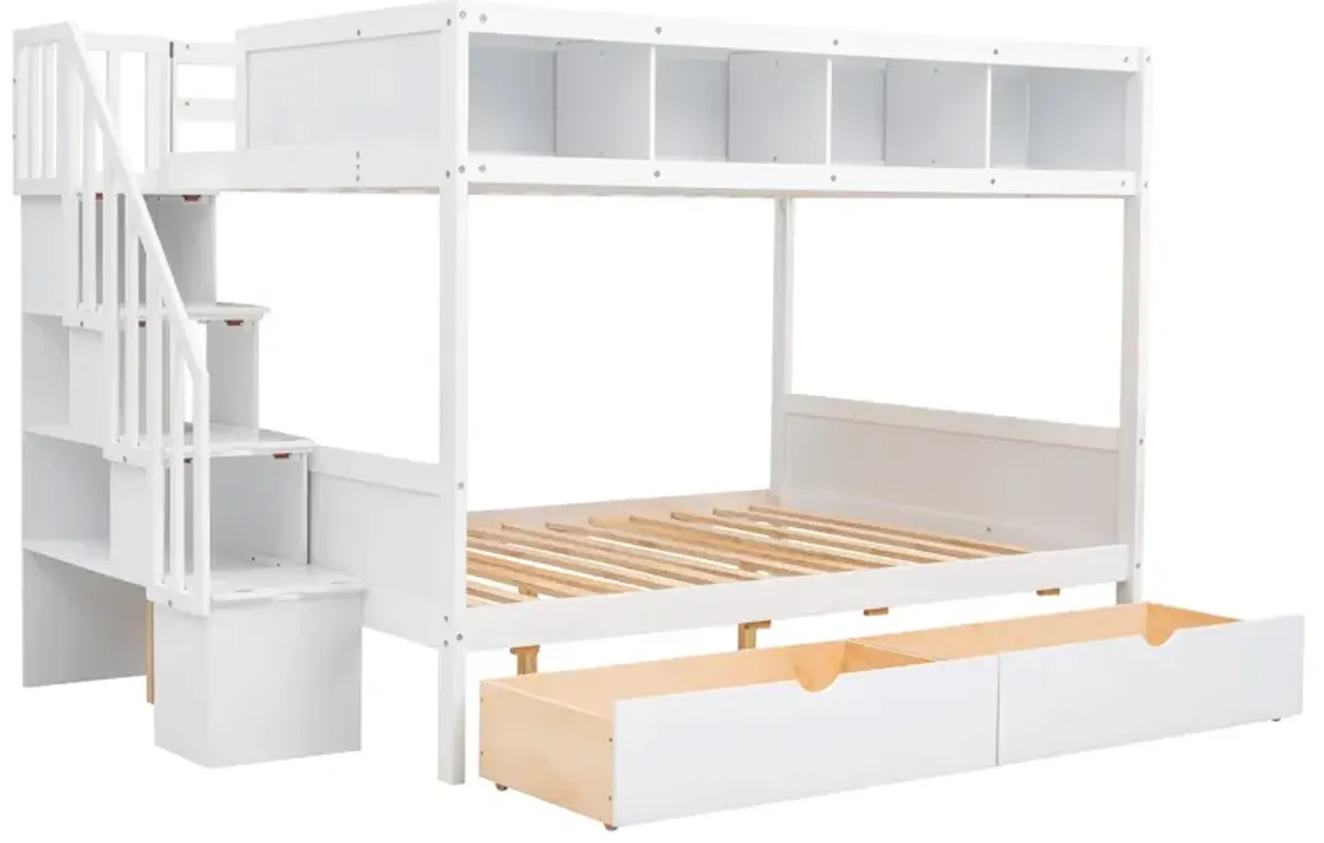 Twin Over Full Bunk Bed With Shelfs, Storage Staircase And 2 Drawers, White