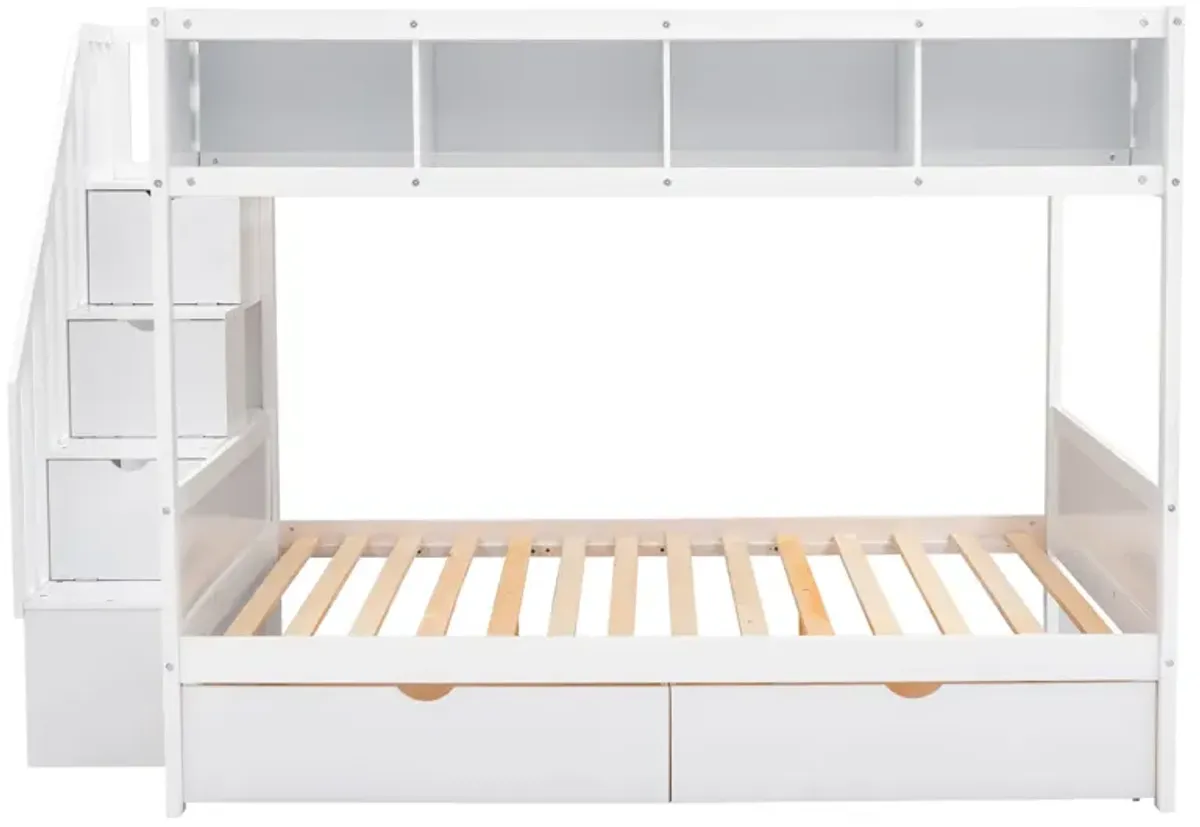 Twin Over Full Bunk Bed With Shelfs, Storage Staircase And 2 Drawers, White