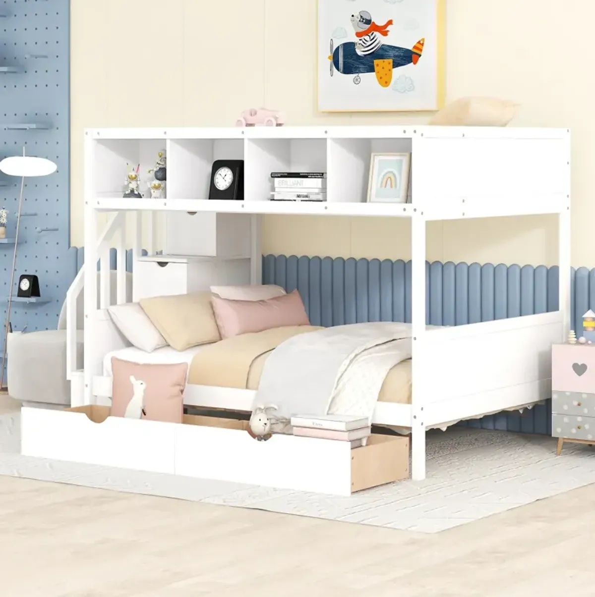 Twin Over Full Bunk Bed With Shelfs, Storage Staircase And 2 Drawers, White