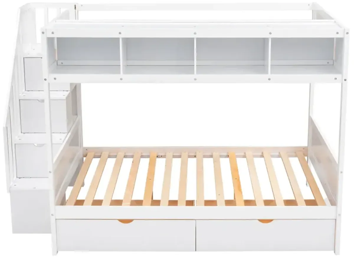 Twin Over Full Bunk Bed With Shelfs, Storage Staircase And 2 Drawers, White