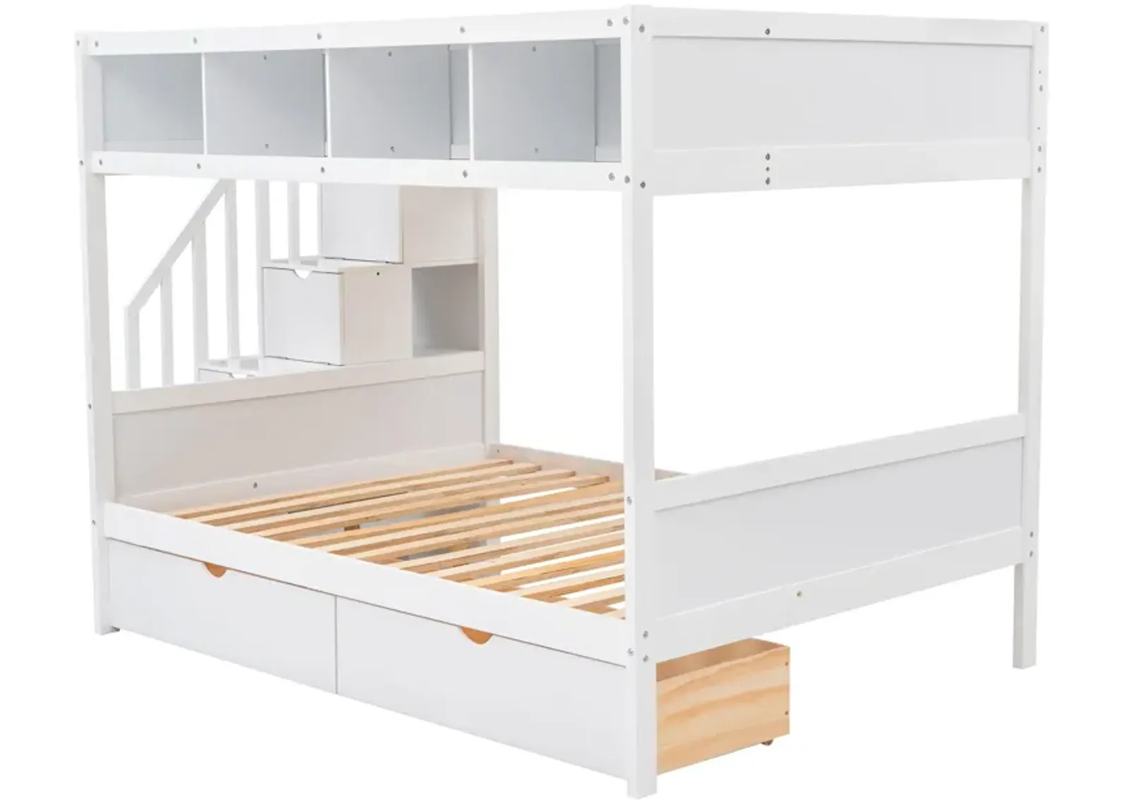 Twin Over Full Bunk Bed With Shelfs, Storage Staircase And 2 Drawers, White