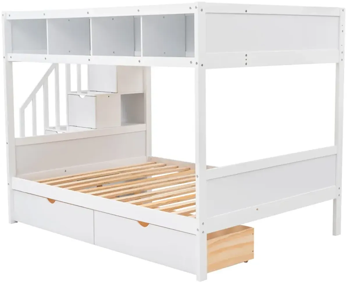 Twin Over Full Bunk Bed With Shelfs, Storage Staircase And 2 Drawers, White