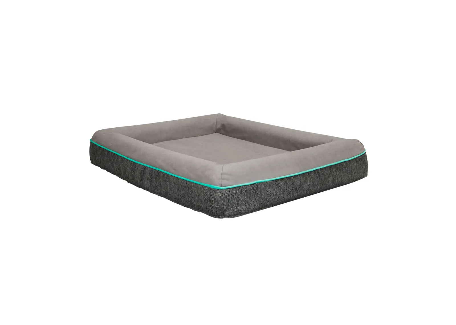 Rio 28 Inch Dog Bed, Teal Piping, Memory Foam, Cushioned, Gray Finish - Benzara