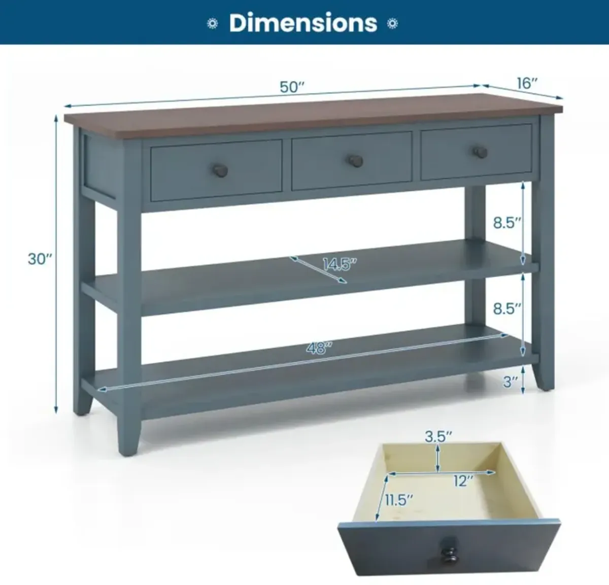 Hivvago 50 Inch Entryway Table Narrow Long Sofa Table with Drawers and Shelves