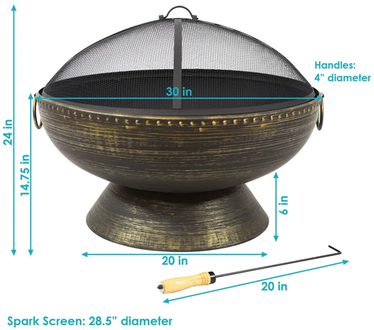 Sunnydaze 30 in Steel Fire Pit with Handles, Spark Screen, Poker, and Grate