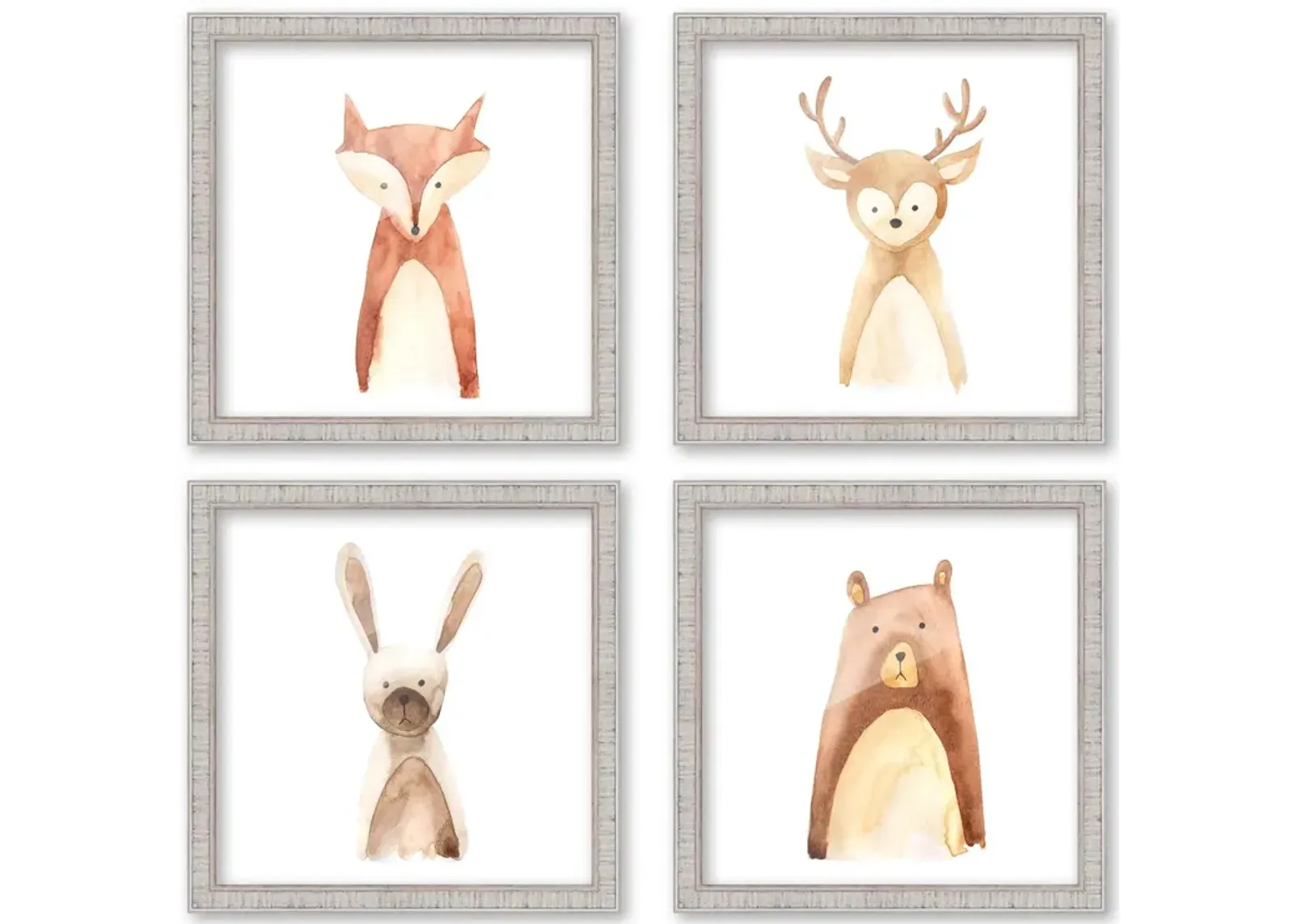 10x10 Framed Nursery Wall Art Set of 4 Watercolor Woodland Animal Prints in Rustic White Wood Frames