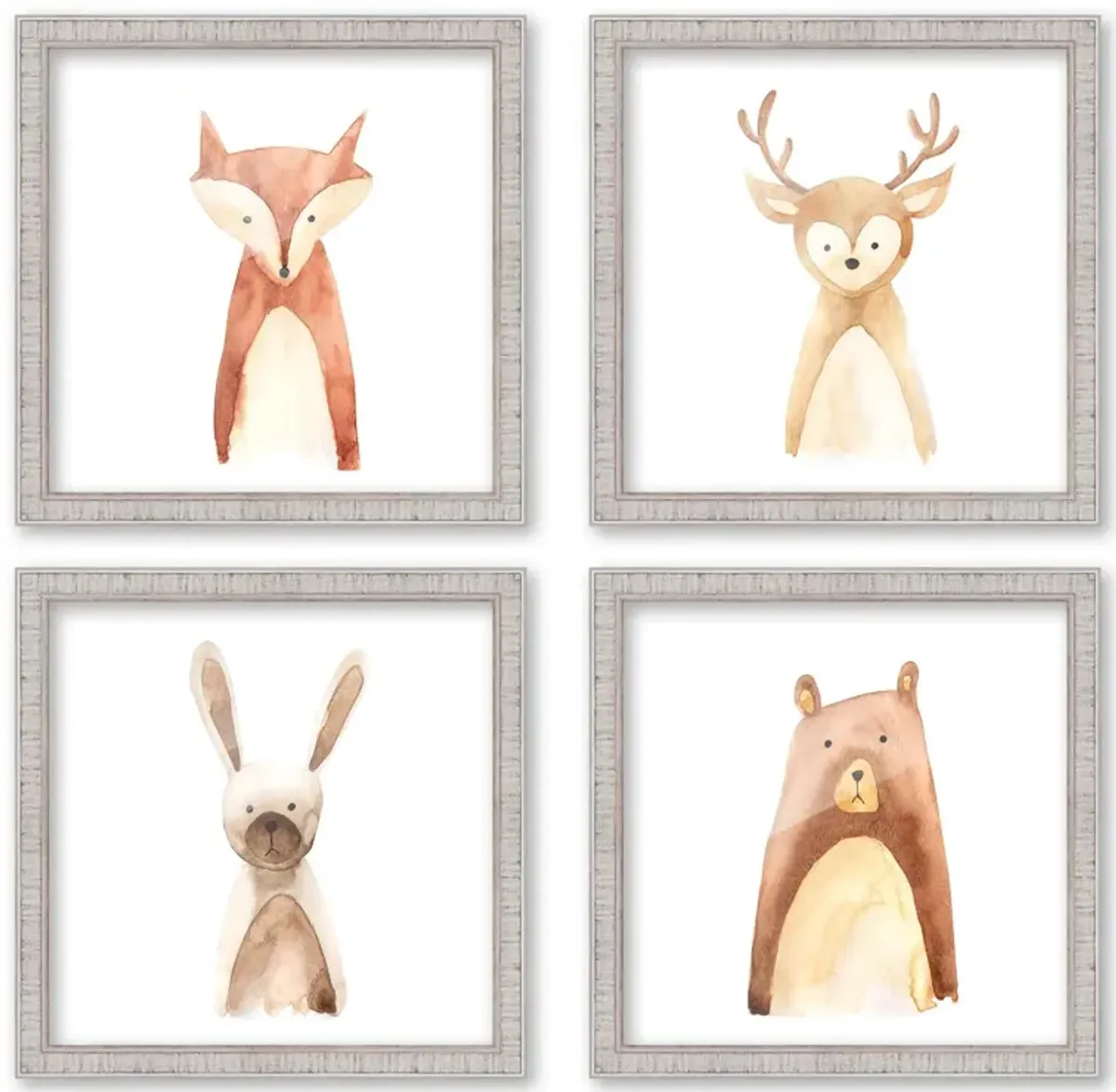 10x10 Framed Nursery Wall Art Set of 4 Watercolor Woodland Animal Prints in Rustic White Wood Frames