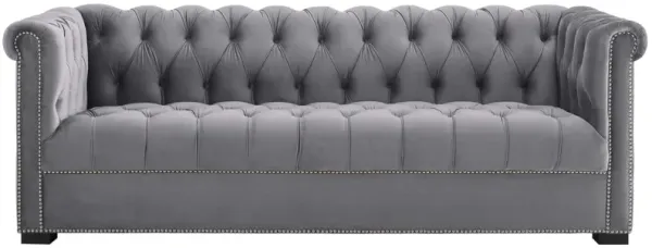 Heritage Performance Velvet Sofa - Modern Chesterfield Design, Rolled Armrests, Deep Button Tufting, Nailhead Trim, Stain-Resistant Upholstery, Black Birch Wood Legs, Plush Foam Padding, 1322 lbs Capacity