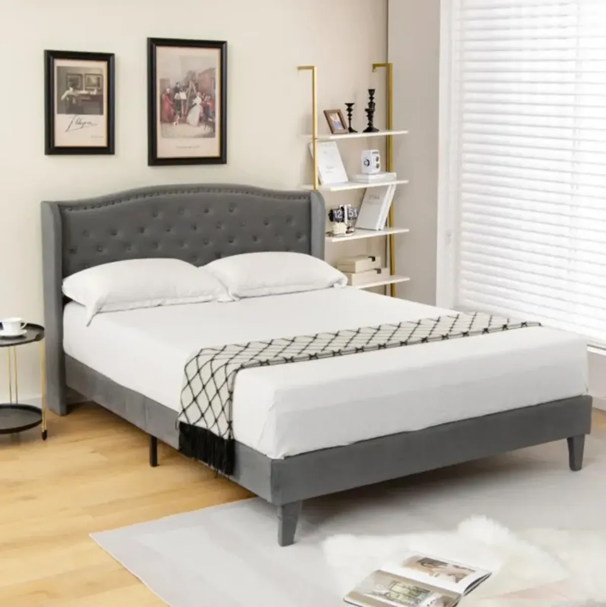 Hivvago Upholstered Platform Bed Frame with Button Tufted Headboard