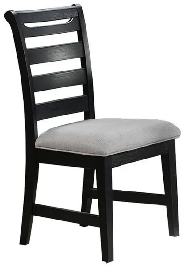 Remus Dining Chair with Ladder Back, Black Rubberwood, Gray Fabric - Benzara