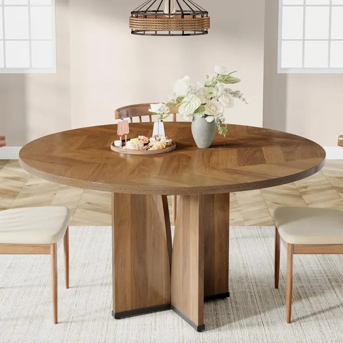 Round Dining Table, 39.37" Wood Kitchen Table for 4 People, Farmhouse Dinner Table with Wooden Table Top and Legs, Rustic Brown Dining Table for Dining Room Living Room (Without Chair)