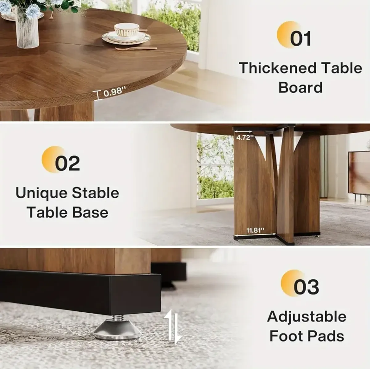 Round Dining Table, 39.37" Wood Kitchen Table for 4 People, Farmhouse Dinner Table with Wooden Table Top and Legs, Rustic Brown Dining Table for Dining Room Living Room (Without Chair)