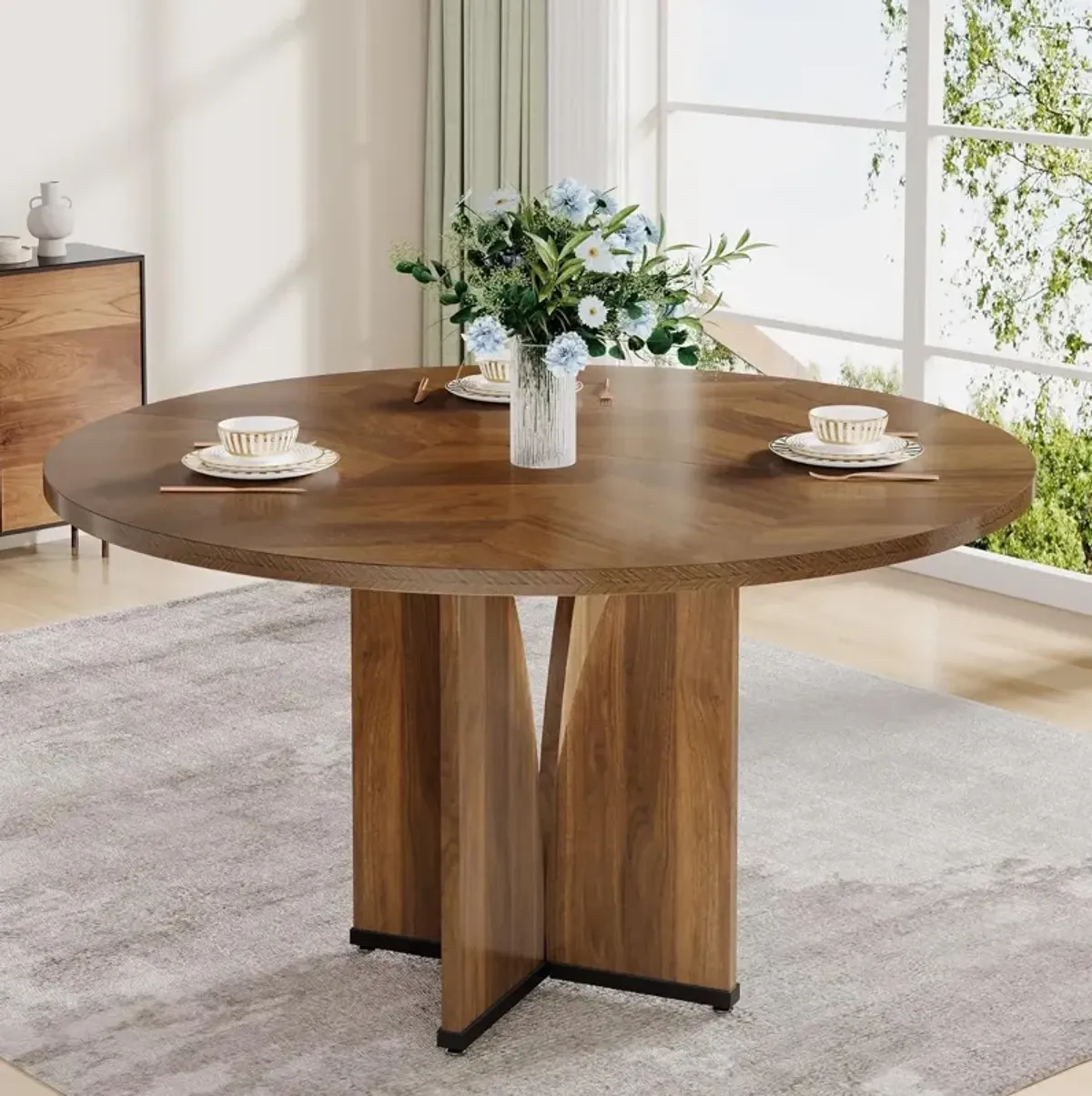 Round Dining Table, 39.37" Wood Kitchen Table for 4 People, Farmhouse Dinner Table with Wooden Table Top and Legs, Rustic Brown Dining Table for Dining Room Living Room (Without Chair)