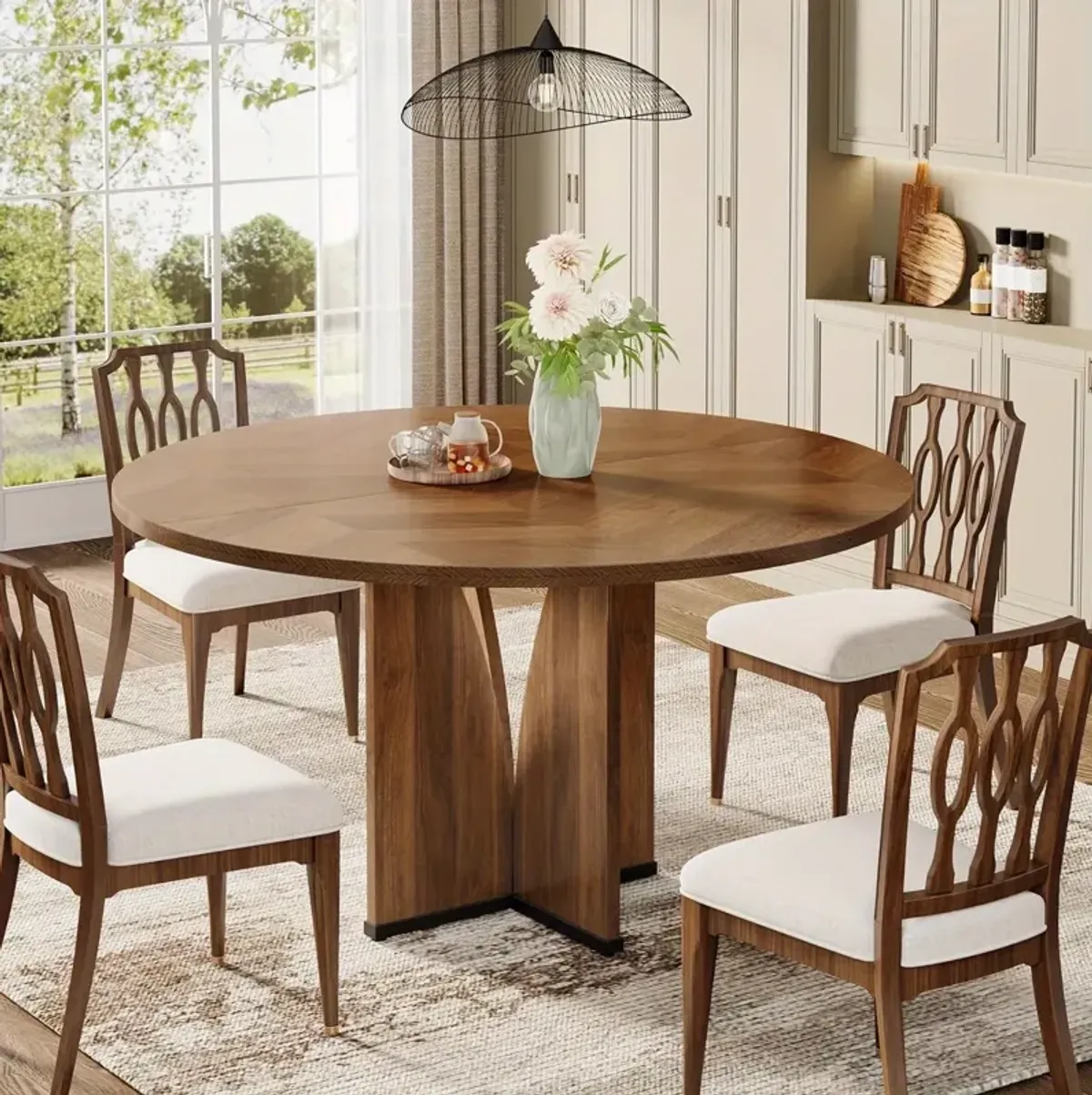 Round Dining Table, 39.37" Wood Kitchen Table for 4 People, Farmhouse Dinner Table with Wooden Table Top and Legs, Rustic Brown Dining Table for Dining Room Living Room (Without Chair)