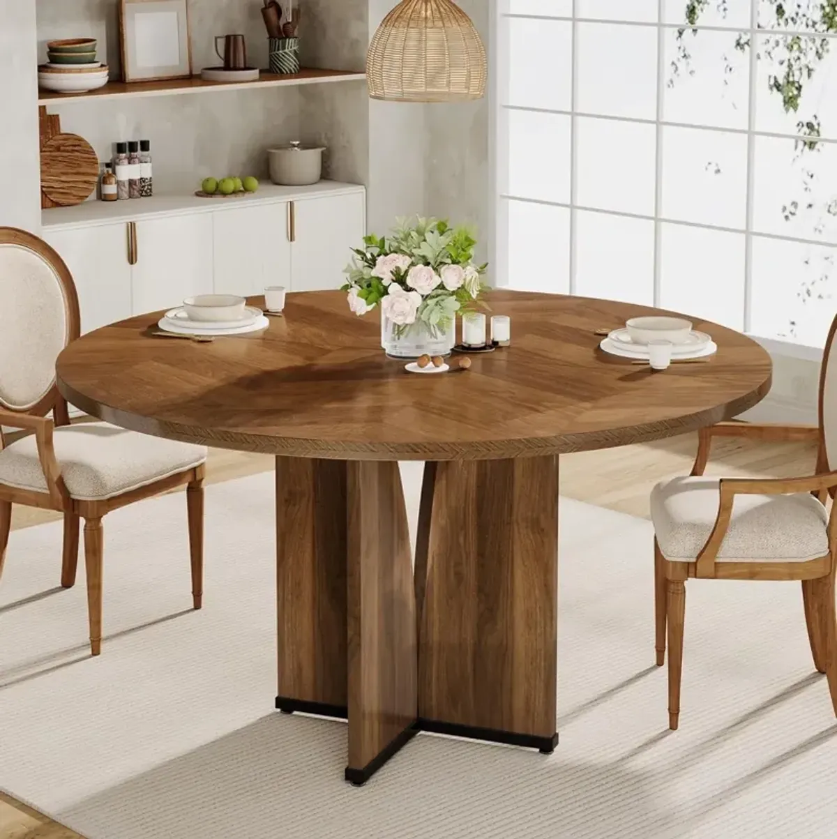 Round Dining Table, 39.37" Wood Kitchen Table for 4 People, Farmhouse Dinner Table with Wooden Table Top and Legs, Rustic Brown Dining Table for Dining Room Living Room (Without Chair)