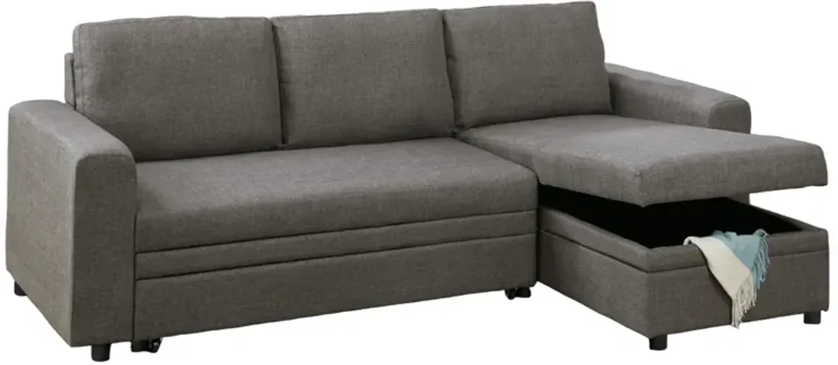 2pc L Sectional Sofa w Storage Chaise, Pull Out Bed, Ash Black Linen - Benzara