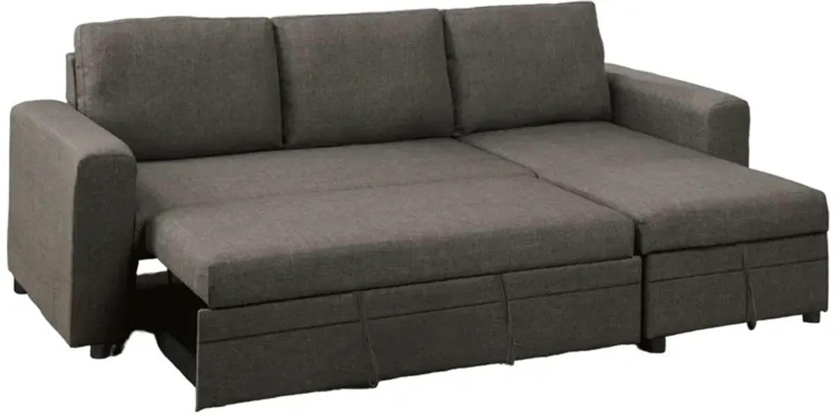 2pc L Sectional Sofa w Storage Chaise, Pull Out Bed, Ash Black Linen - Benzara