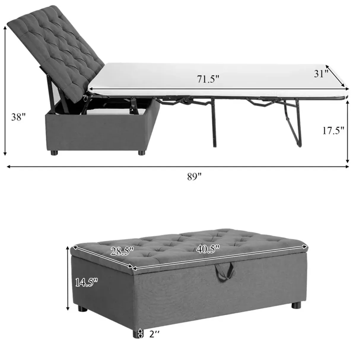 Folding Ottoman Sleeper Bed with Mattress for Guest Bed and Office Nap-Gray