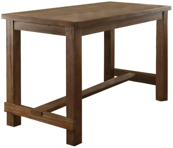 Rustic Plank Wooden Counter Height Table with Block Legs, Oak Brown-Benzara