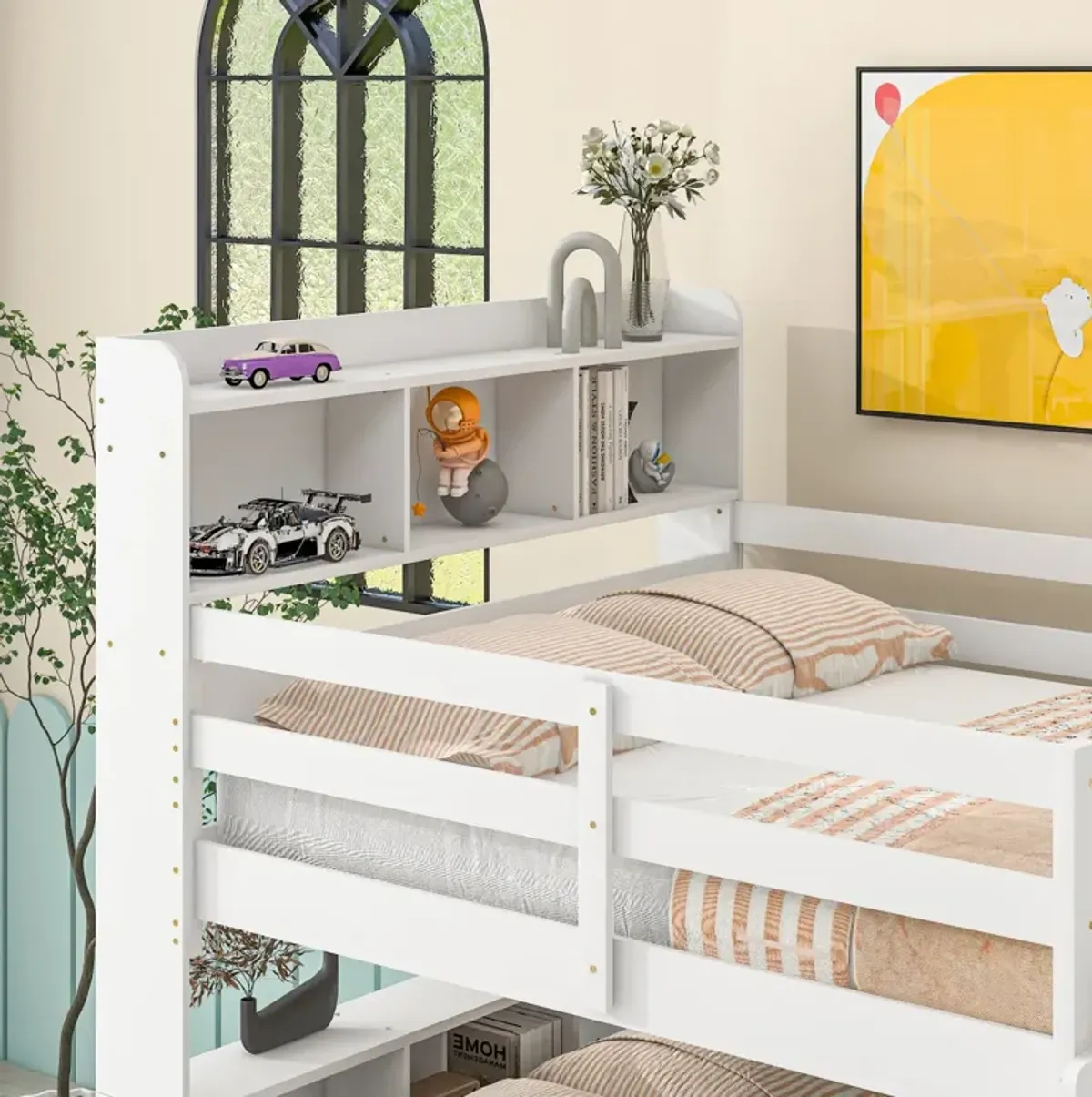 Full Over Full Bunk Beds With Bookcase Headboard, Solid Wood Bed Frame With Safety Rail