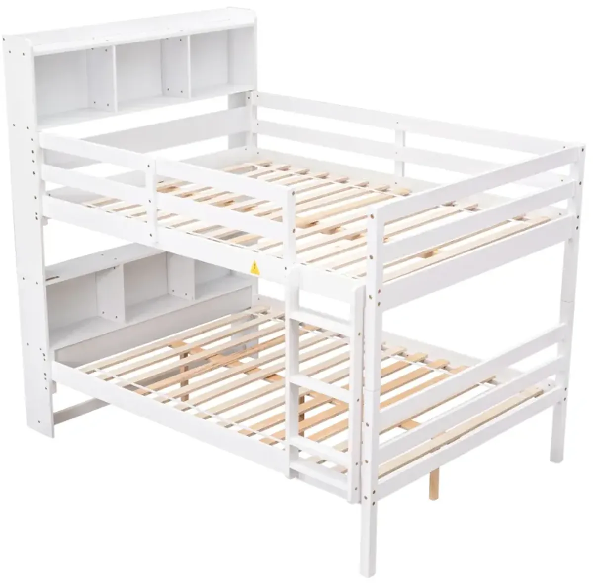 Full Over Full Bunk Beds With Bookcase Headboard, Solid Wood Bed Frame With Safety Rail