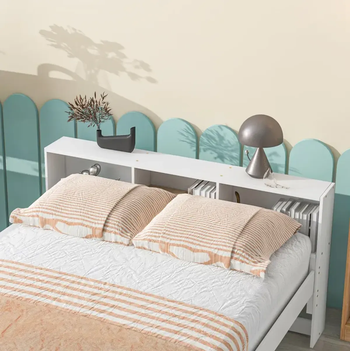 Full Over Full Bunk Beds With Bookcase Headboard, Solid Wood Bed Frame With Safety Rail