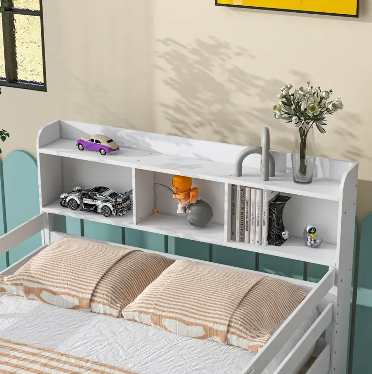 Full Over Full Bunk Beds With Bookcase Headboard, Solid Wood Bed Frame With Safety Rail