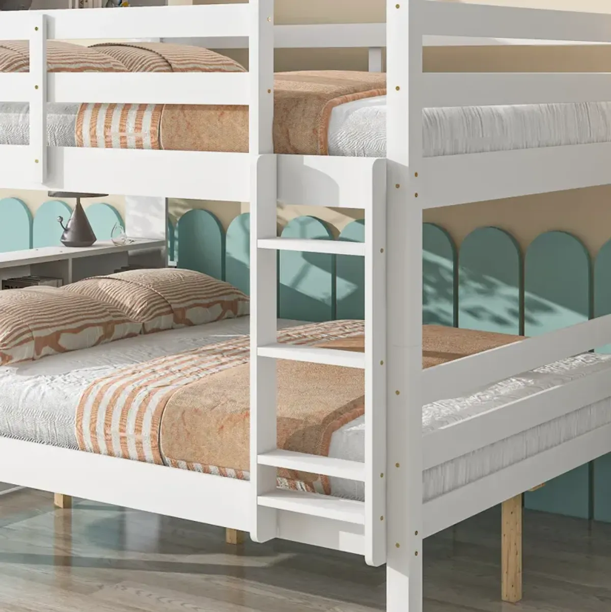 Full Over Full Bunk Beds With Bookcase Headboard, Solid Wood Bed Frame With Safety Rail