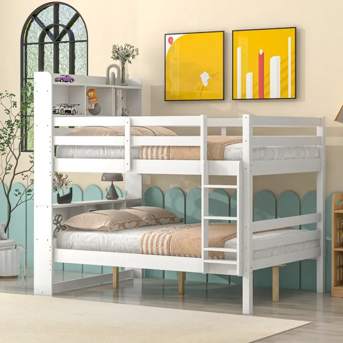 Full Over Full Bunk Beds With Bookcase Headboard, Solid Wood Bed Frame With Safety Rail