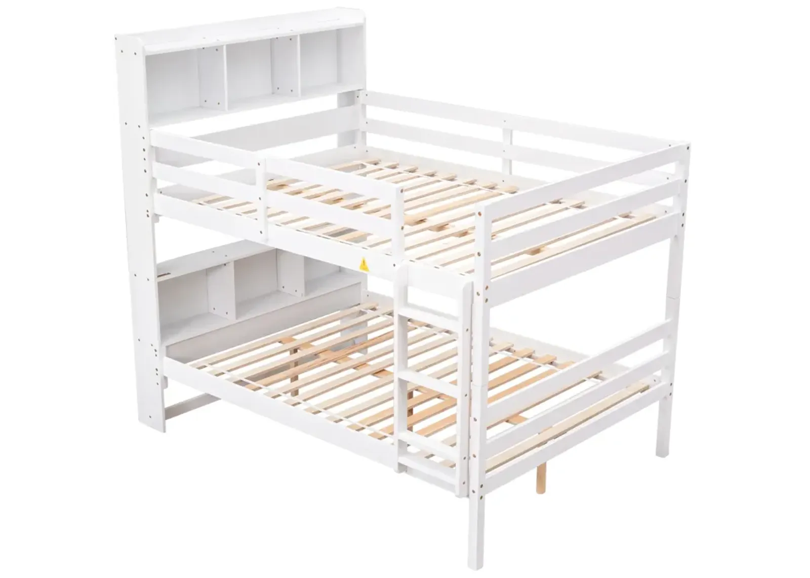 Full Over Full Bunk Beds With Bookcase Headboard, Solid Wood Bed Frame With Safety Rail