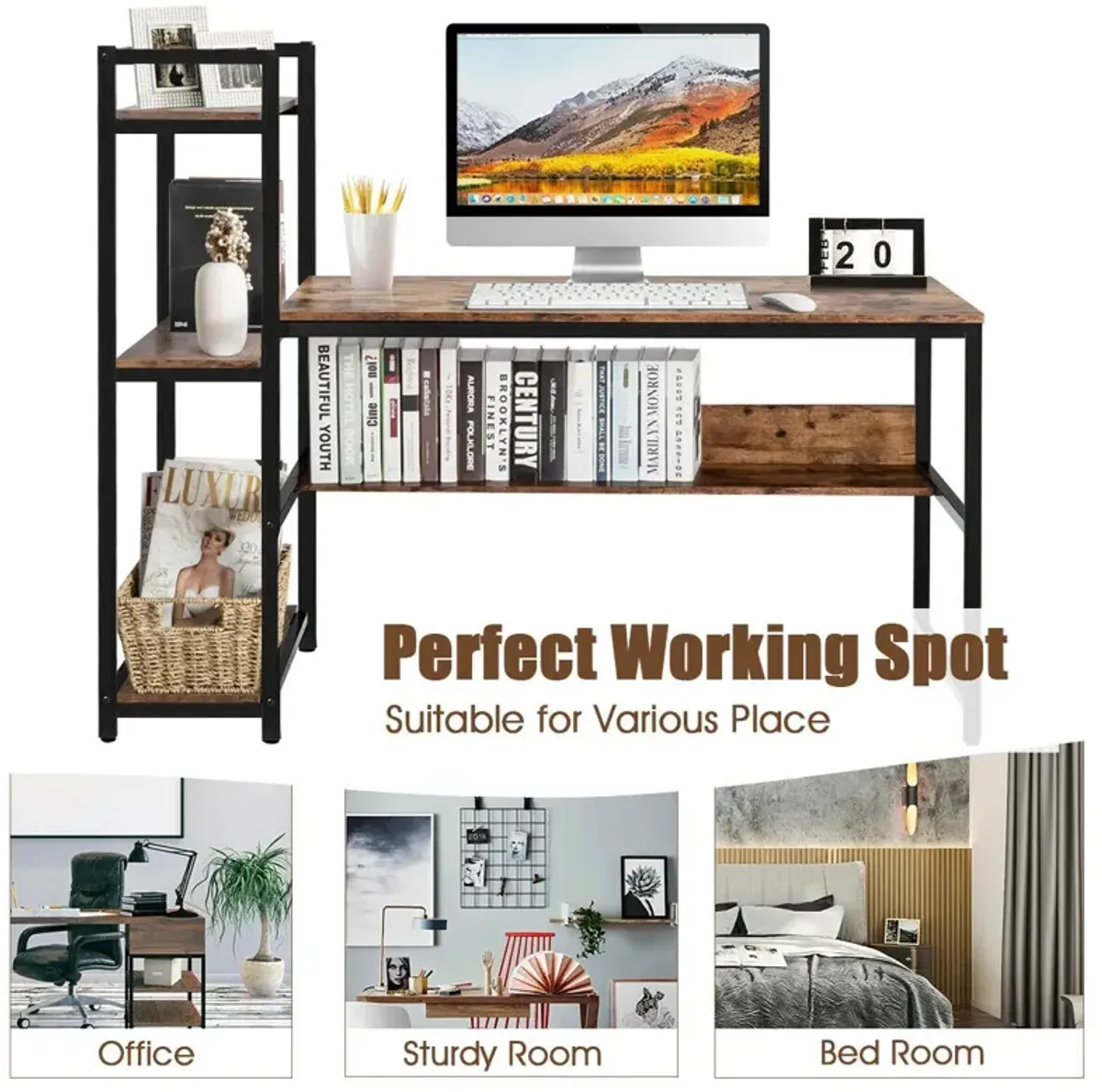 59-Inch Computer Desk Home Office Workstation 4-Tier Storage Shelves