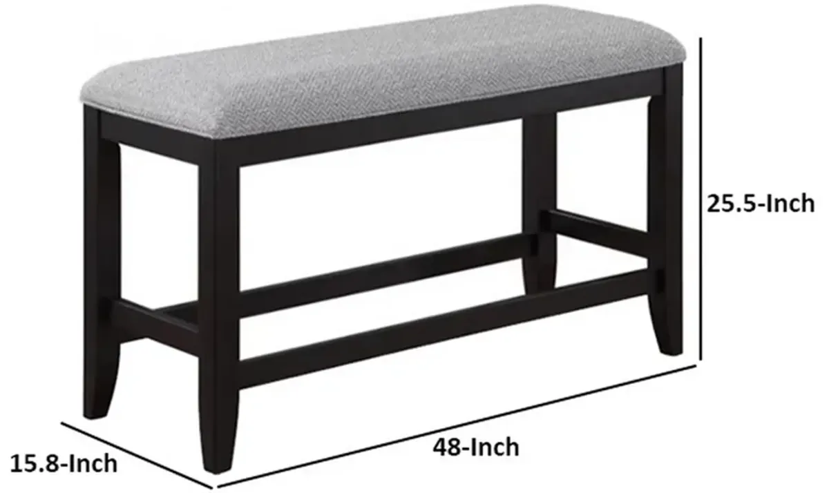 Patricia 48 Inch Counter Height Dining Bench, Black Wood and Gray Fabric - Benzara