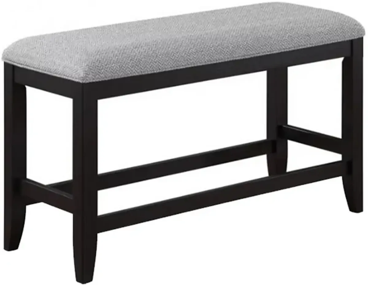 Patricia 48 Inch Counter Height Dining Bench, Black Wood and Gray Fabric - Benzara