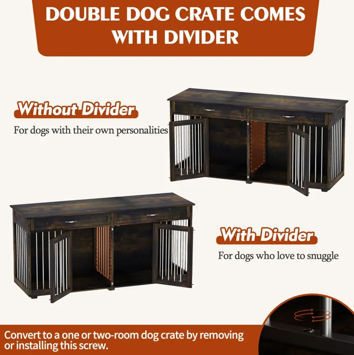 Large Wooden Dog House with Drawers and Divider Indoor Furniture Style Dog Crate Dark Tiger Skin Dog Cage for L M S Dogs