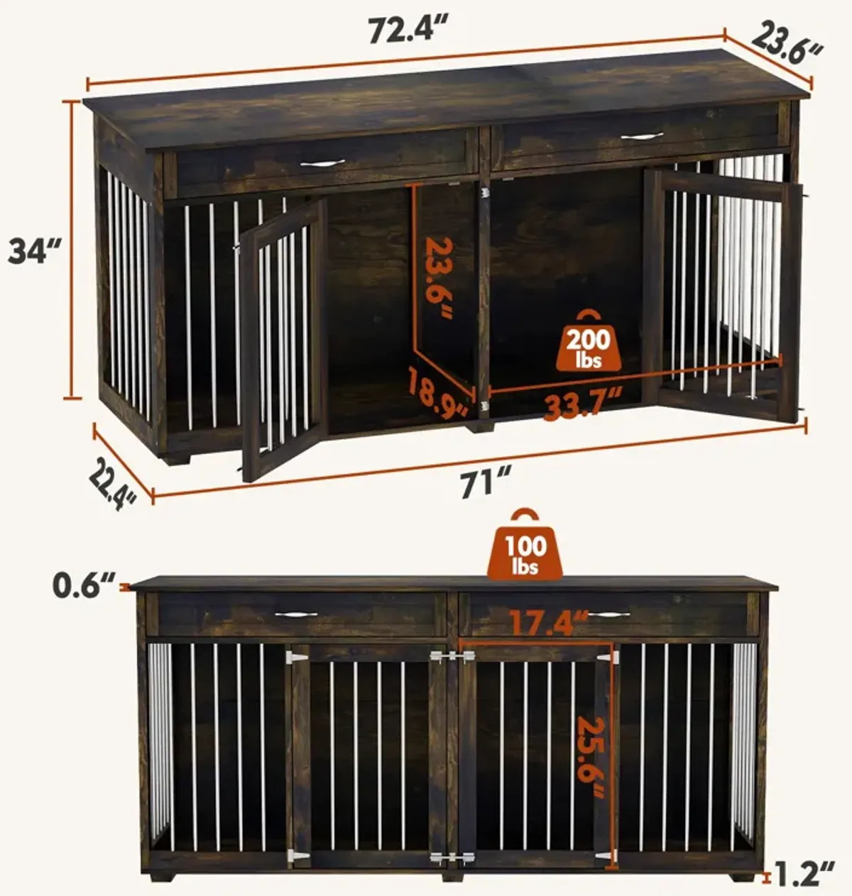 Large Wooden Dog House with Drawers and Divider Indoor Furniture Style Dog Crate Dark Tiger Skin Dog Cage for L M S Dogs