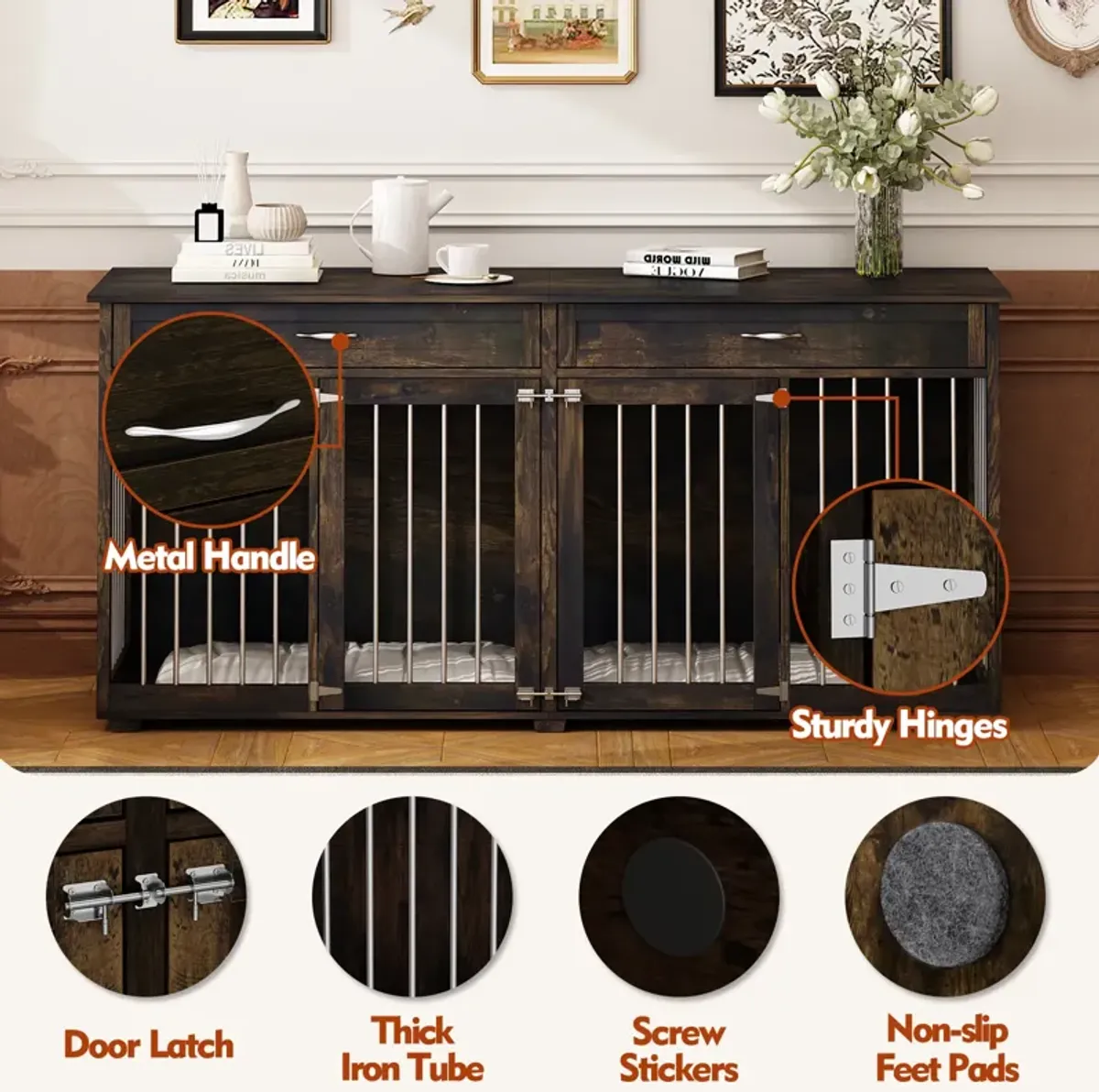 Large Wooden Dog House with Drawers and Divider Indoor Furniture Style Dog Crate Dark Tiger Skin Dog Cage for L M S Dogs