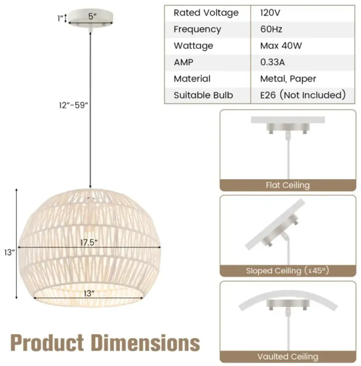 Hivvago Round Farmhouse Rattan Pendant Lights with Adjustable Hanging Rope-Beigea