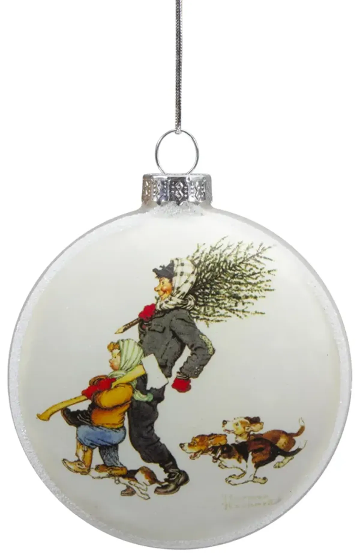 3" Norman Rockwell 'Bringing Home The Tree' Glass Christmas Disc Ornament