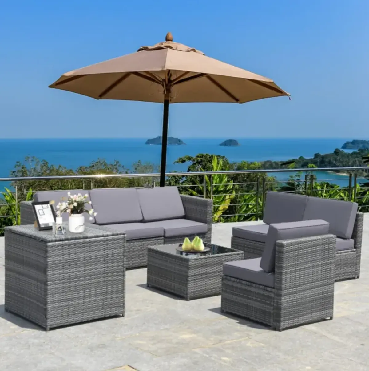 Hivvago 8 Pieces Wicker Sofa Rattan Dining Set Patio Furniture with Storage Table