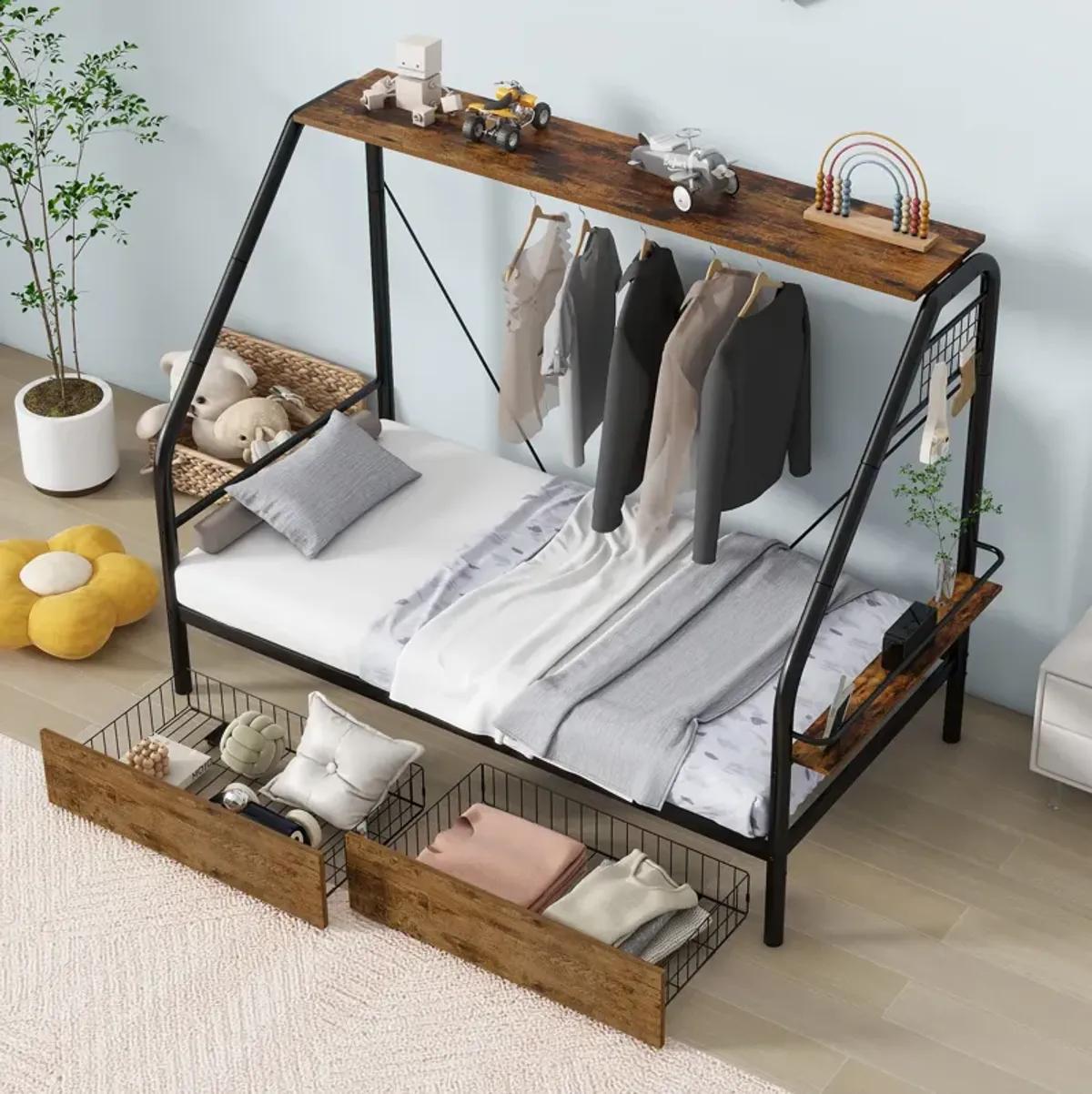 Merax Metal Frame Loft Bed with Clothes Rack