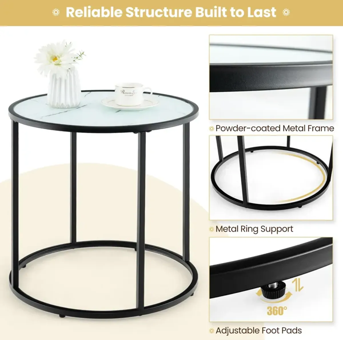 20 Inch Glass End Table with Metal Frame and Faux Marble Glass Top-Black and White