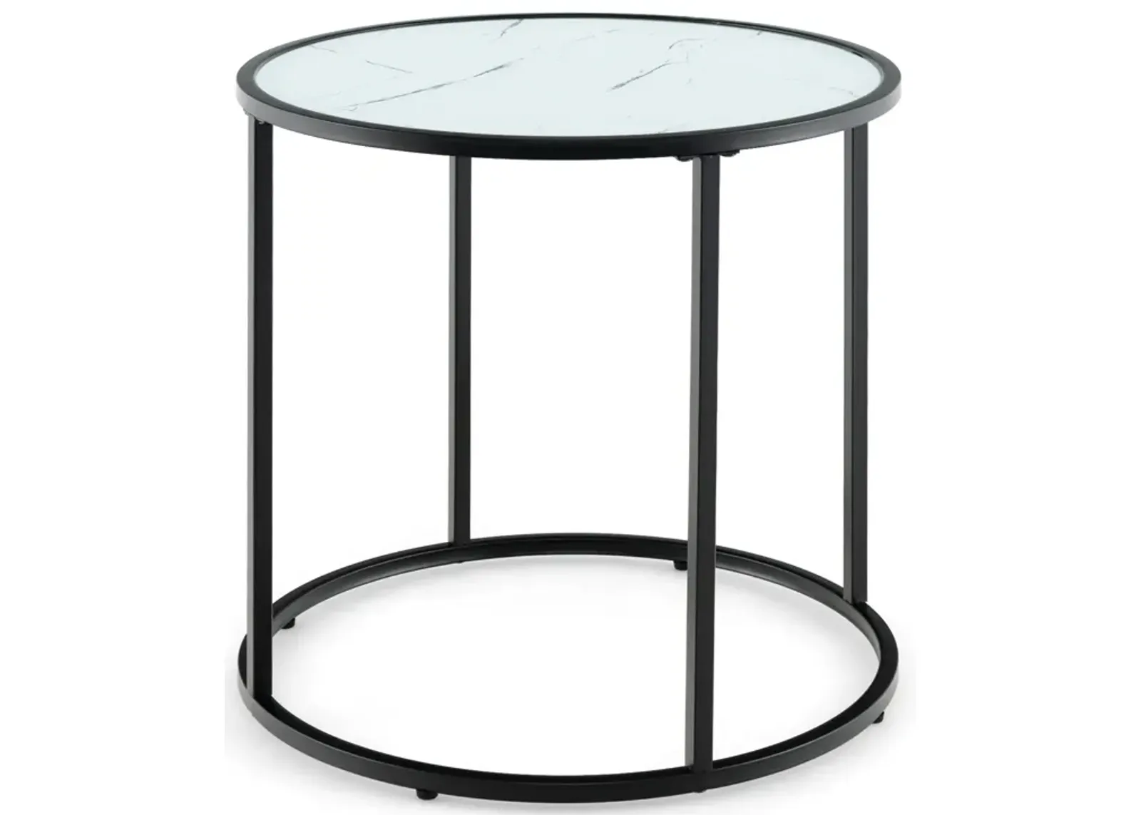 20 Inch Glass End Table with Metal Frame and Faux Marble Glass Top-Black and White